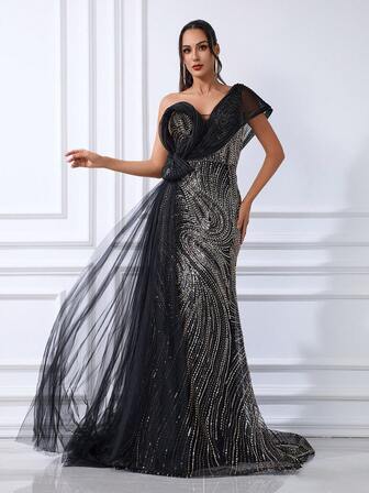 DELLA COUTURE 优雅奢华黑色晚礼服单肩华丽串珠网眼亮片美人鱼正式派对礼服复古精致派对浪漫性感厚重纱亮片拼布正式晚礼服长款晚礼服