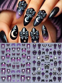 Pegatinas para uñas de Calavera de Moño 5D, 2 piezas, diseño de Corazón de Moño y Calavera, en colores púrpura, negro y blanco, decoración de uñas autoadhesiva, estilo Y2K japonés y coreano, para otoño e invierno, suministros de arte de uñas