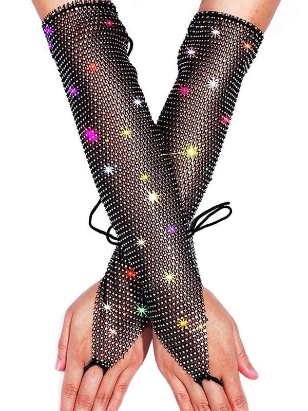Luvas de braço femininas de malha longa sem dedos com decoração de strass e rede de pesca