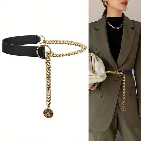 Street 1pc Chain Belt Women's Waist Chain, Fashionable & Versatile Accessory For Suit, Coat, Dress Or Formal Occasions, Minimalistic & Elegant Metal Waistband Halloween