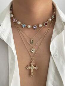 4pcs Classic Luxury Minimalist Multi-Color Crystal & Faux Pearl Necklace, Men's Fashion Personalized Cross Jewelry, Adjustable