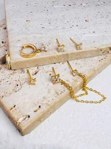6Pcs/Set Flower Dangle Hoop Star Stud Stackable Earring For Women, Casual Zirconia, 14K Gold Plated Earring Stacks Hypoallergenic Lightweight Vacation Party Jewelry Accessories For Women Girl
