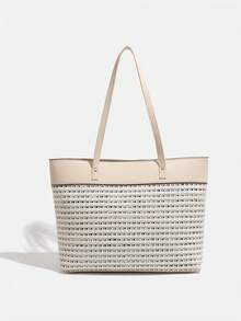 2024新款欧美时尚女士手提包托特包单肩包简约十字纹大容量包包 - 杏色 - 查看 5