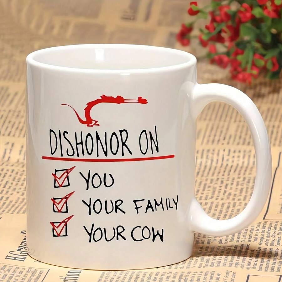 1 件，白色陶瓷杯，11 盎司，“Dishonor On You Your Family Your Cow”趣味咖啡杯，可重复使用，隔热，仅可手洗，适合居家、厨房、派对、节日、生日礼物 - 彩色 - 查看 1