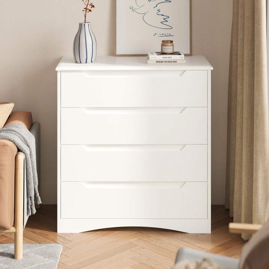 Asofer 4 Drawers Chest, White Dresser For Bedroom, Chest Of Drawers With Cutout Handles, Wood Dresser Storage Cabinet For Living Room, Hallway, Office - trắng - Xem 1