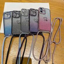 Funda para teléfono con 2 piezas de corazón con degradado de rhinestones y cordón, con protección anti-caídas para iPhone 15 16 Pro Max/14 Pro/11/12 Pro/13 Pro Max
