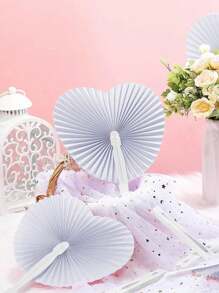 1/12pcs Heart Shaped Folding Paper Fans For Wedding Guests Party Favors Decorative White Heart Paper Hand Fan Personalized Wedding Fan With Plastic Handle For Wedding Birthday Party Favors