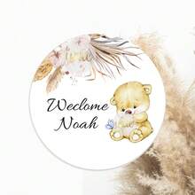 UNICCUT Nhãn dán quà tặng sinh nhật lần thứ nhất theo yêu cầu, hình tròn gấu phong cách Boho cỏ lau, có thể cá nhân hóa tên, thích hợp để trang trí lễ rửa tội. - Nhiều màu - Xem 7