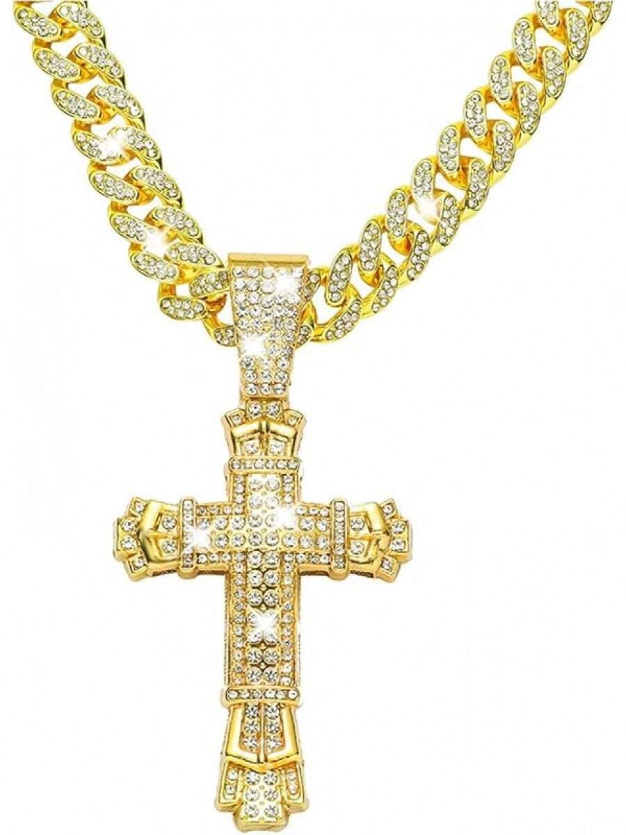 Men's Shiny Cuban Chain Necklace, Miami Style Silver Plated Gold Plated Shiny Necklace, Hop Necklace - 交叉-A金色 - 查看 1