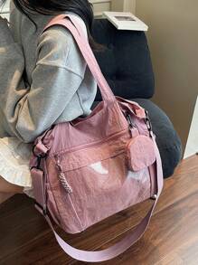 1 pieza Bolso de mujer tipo tote de nylon rosa, simple y ligero, de gran capacidad, bolso de hombro plegable, estilo universitario/escolar, con múltiples bolsillos, bolso de moda lindo con monedero.