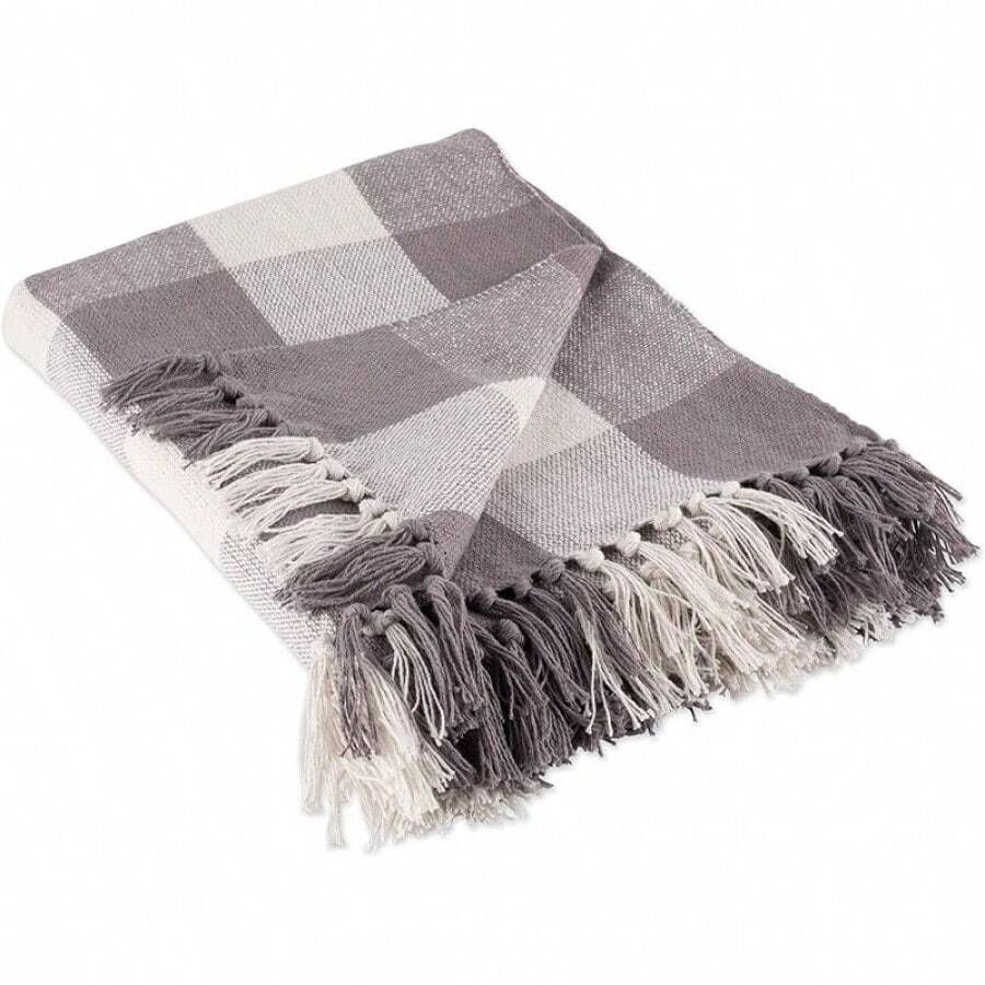 DII Buffalo Check Collection - Manta rústica con borlas, 50 x 60 Pulgadas, Gris/Blanco - Blanco - Ver 1