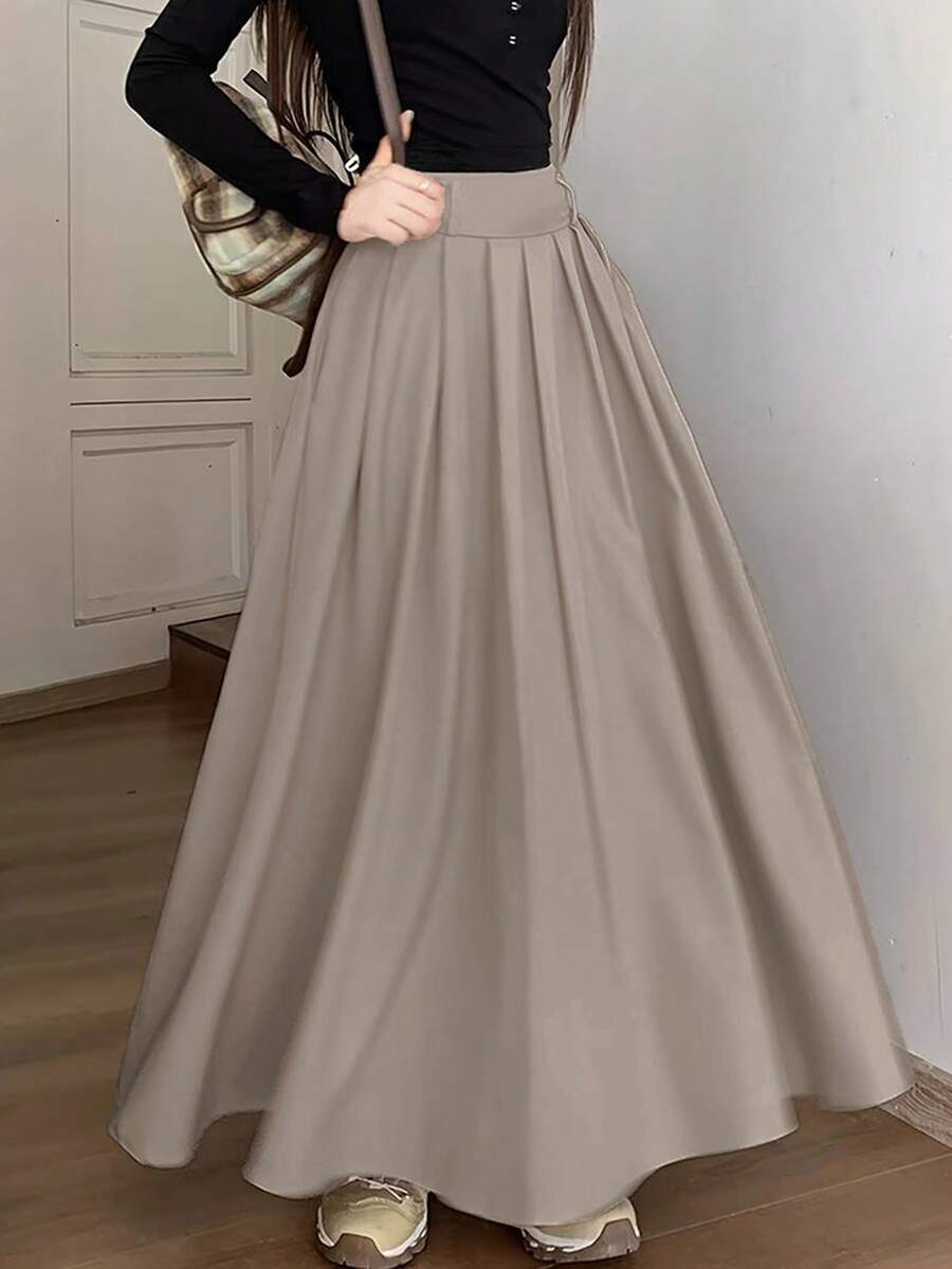Rok Maxi Polos yang Longgar dan Rapi untuk Wanita, Detail Rok Lipit dengan Saku, Serbaguna untuk Perjalanan, Kencan, dan Pakaian Kasual Musim Semi - Khaki - View 1