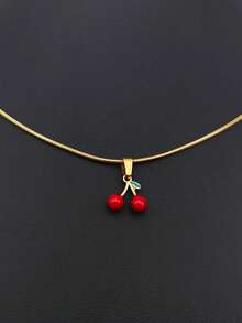 1 件简约时尚百搭波西米亚朋克嬉皮士别致奢华小众不锈钢小樱桃吊坠项链 - 櫻桃 - 查看 10