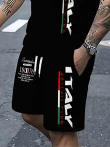 Summer Men's Casual Outfit, Black Letter Print Short Sleeve T-Shirt + Drawstring Sports Shorts 2-Piece Set, Men's Outdoor Round Neck Training Sportswear - Black - View 5