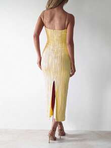 Elegant Basic Casual Special Texture Fabric Elegant Minimalist Unique Design 3D Line Slim Fit Straight Midi Dress - Yellow - View 5