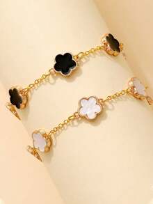 1 Pair Of Earrings+1 Necklace+1 Bracelet+1 Bracelet+1 Ring, With Lucky Flower Design Alloy Jewelry Set, Fashionable Female Gift - Flower Style - View 9