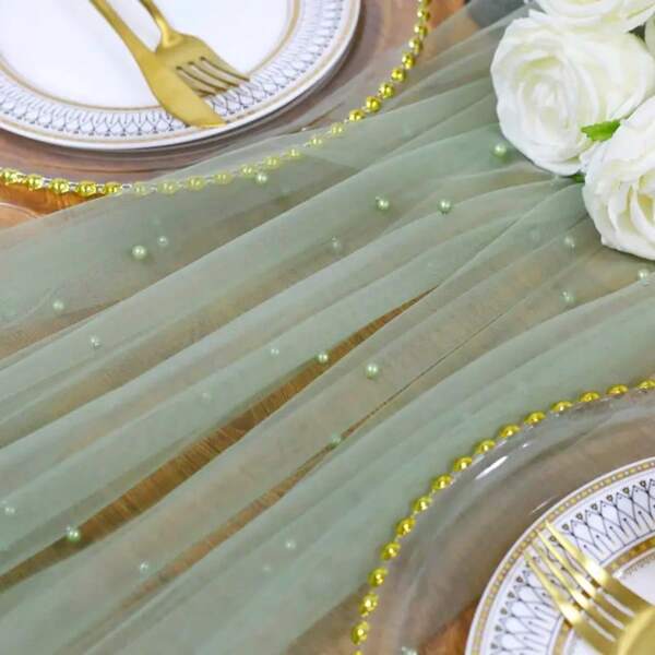 1 pezzo 72cm X 100/200cm Elegante tulle decorato con perle, versatile per tovaglie, decorazioni da matrimonio, velo, servizi fotografici, decorazioni per feste/regali, uso quotidiano per tovaglie, elastico e stirabile