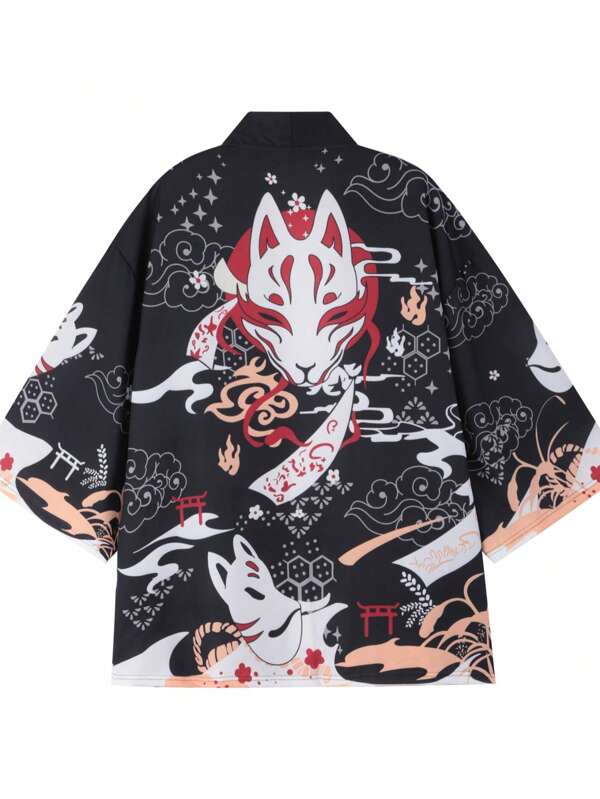 Kimono Shirt Men Japanese Kimono Men Ukiyoe Haori Men's Shirts Lightweight Summer Tops Kimono Cardigan Prajna Fox Mask 3D Print, 3/4 Sleeve Casual Kimono Cloak Robe For Adults Unisex
