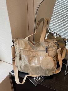 1 件卡其色尼龙女士手提包，简约轻便大容量可折叠单肩包，学院/学校风格，多个口袋，可爱时尚，含零钱包 - 查看 1