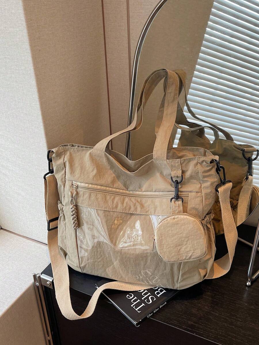 1 件卡其色尼龙女士手提包，简约轻便大容量可折叠单肩包，学院/学校风格，多个口袋，可爱时尚，含零钱包 - 查看 1