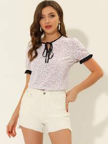 Women's Tie Neck Short Sleeve Floral Blouse Tops - 紫色 - 查看 2