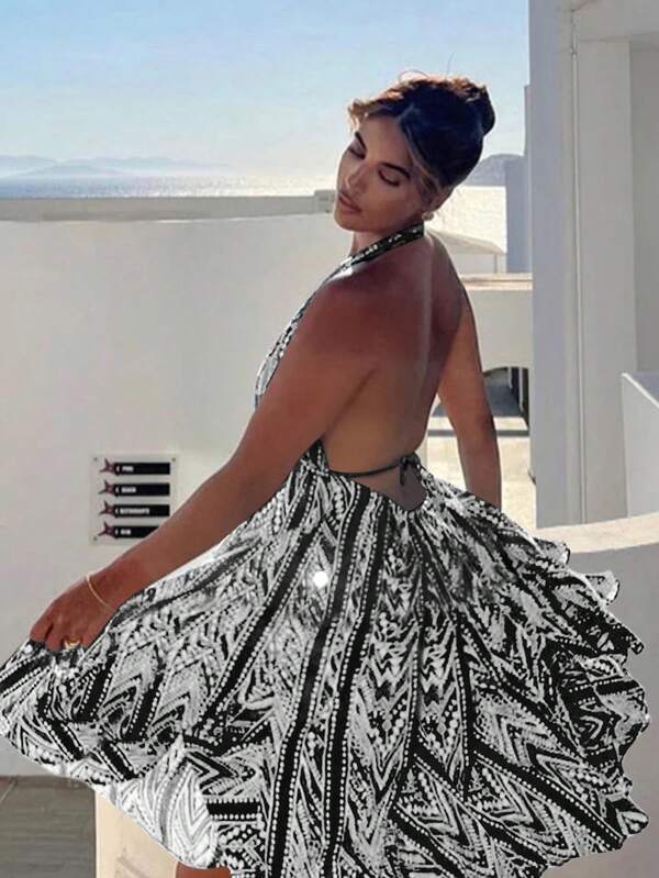 Boho-Stil Sommer ärmelloses Volant-Rückenfreies Kleid