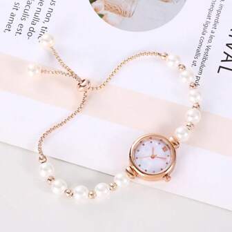 1 件女士优雅时尚串珠金属链表、别致仿珍珠石英表、派对配饰