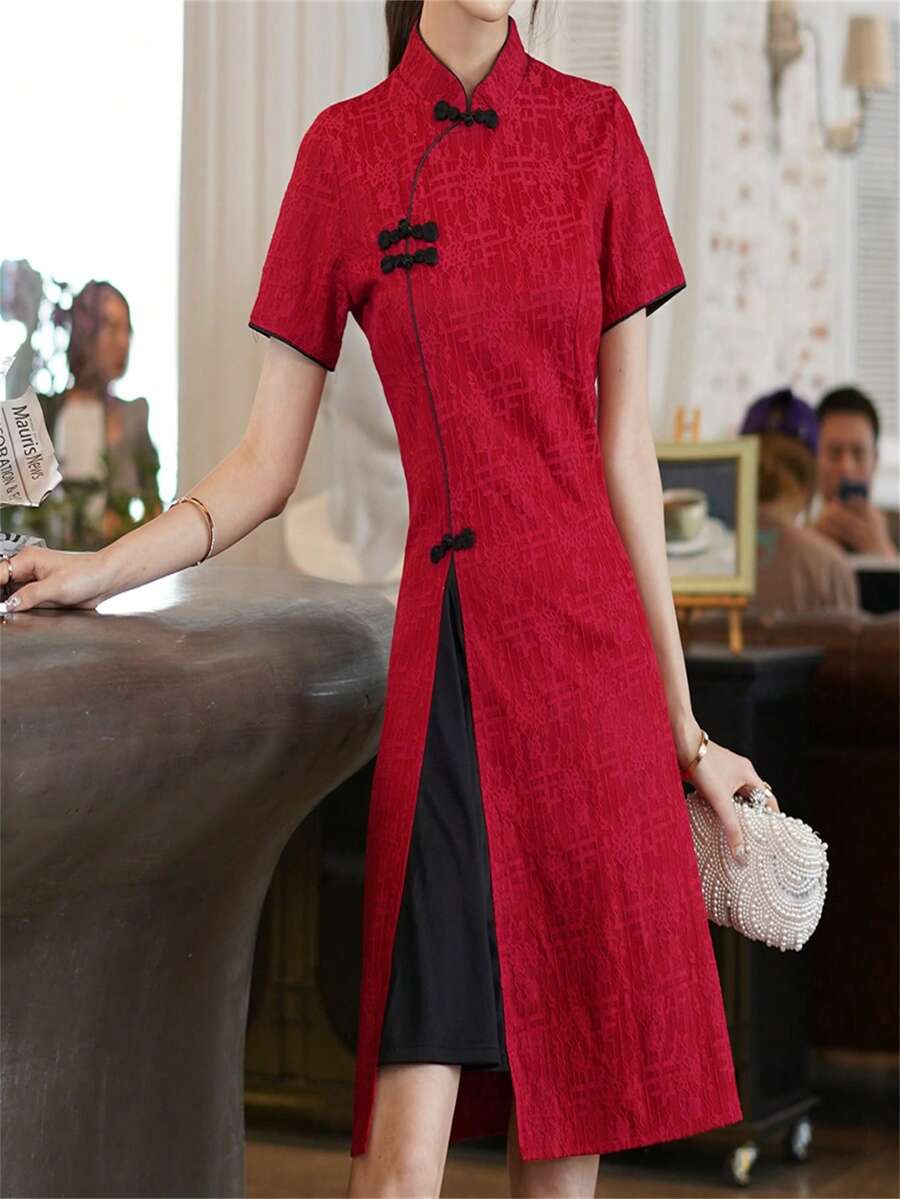 Button Design Short Sleeve Elegant Cheongsam Dress - Red - View 1