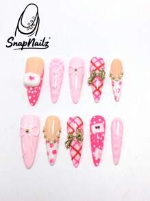 10Pcs Stiletto Press-On Nails With Hand-Painted Bows, Hearts, Steel Beads, Bow Accessories, Hand-Drawn Stars, White Blur Dye, Magic Mirror Powder, Small Rhinestones, Modeling Gel & Faux Pearls. Suitable For Parties And Daily Wear. Pure Handcrafted With Three Sizes Available, Comes With A Tool Kit. Nail Supplies Nails