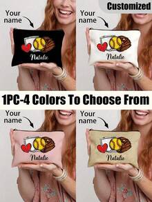 Personalized Softball Makeup Bag - Custom Name Cosmetic Pouch, Lightweight Travel Organizer With Baseball & Bat Design, Perfect Gift For Softball Fans, White Polyester Zipper Case, Baseball Accessories,Back To School - 彩色 - 查看 1