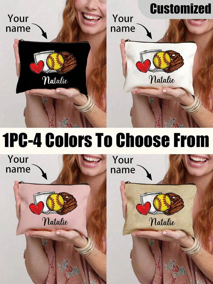 Personalized Softball Makeup Bag - Custom Name Cosmetic Pouch, Lightweight Travel Organizer With Baseball & Bat Design, Perfect Gift For Softball Fans, White Polyester Zipper Case, Baseball Accessories,Back To School - 彩色 - 查看 1