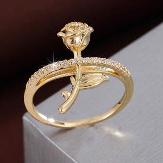 1pc Fashionable Rose Shaped Design Cubic Zirconia Inlaid Women's Ring