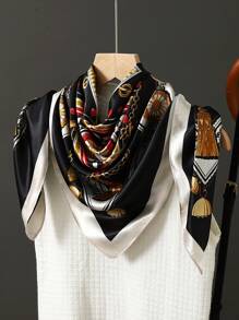 1pc Light Blue Printed 90cm Square Scarf, Casual Headscarf, Travel Sun Protection Headwrap, Party Gift