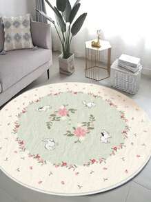 1pc Tapete de área redondo de lã sintética macia, tapete decorativo com design de coelho e flor, resistente a manchas e fácil de cuidar, quarto, decoração de casa, decoração de festival