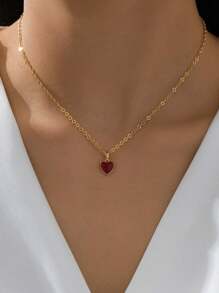 1pc Elegant Petite Wine Red Oil Drop Heart Pendant Necklace, Gift For Women