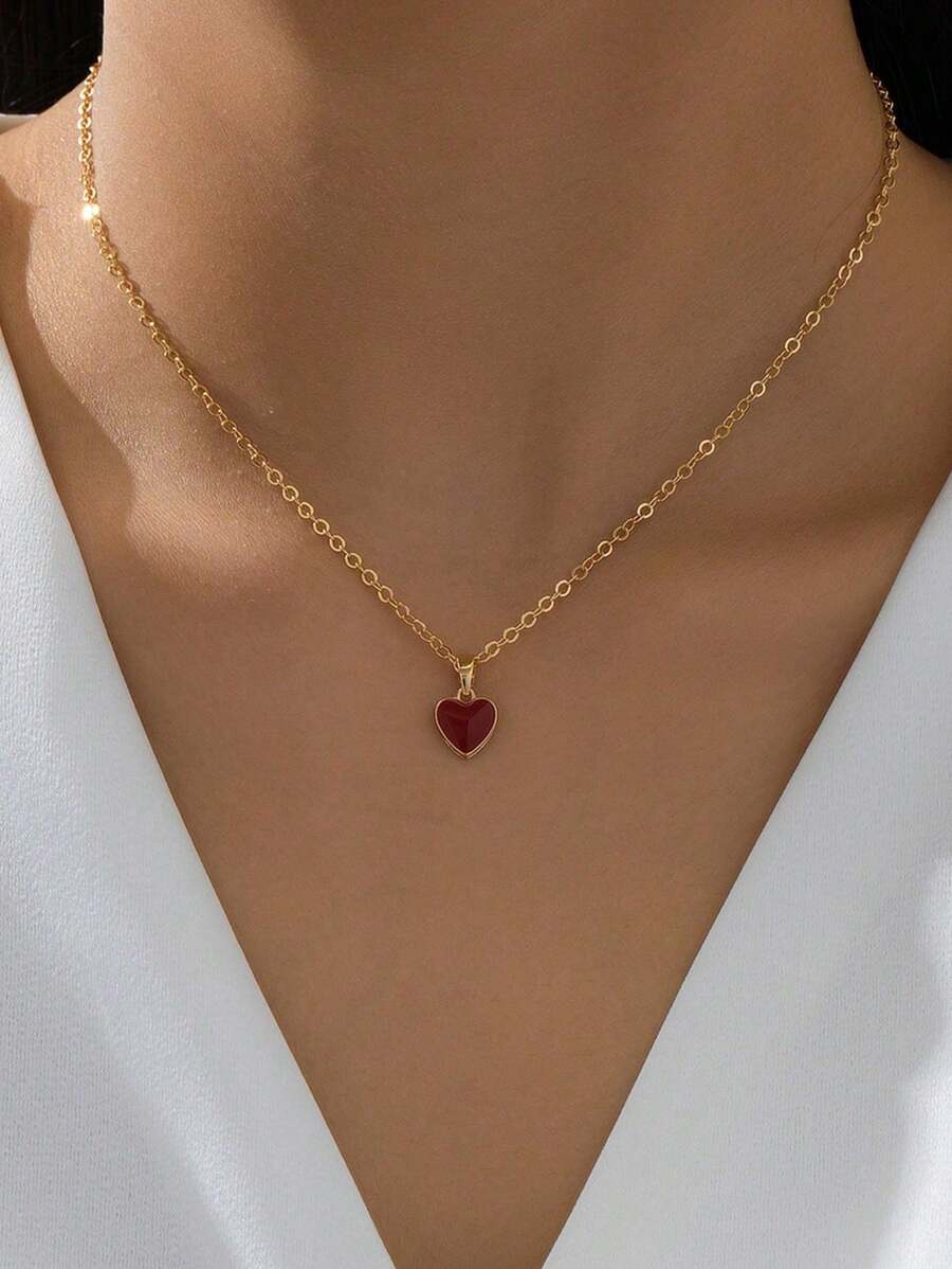1pc Elegant Petite Wine Red Oil Drop Heart Pendant Necklace, Gift For Women