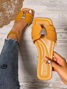 新款春夏时尚女士 H 型拖鞋，休闲系带罗马风格一脚蹬凉鞋，黑色/米色/棕色舒适平底压花一脚蹬沙漠钥匙蝴蝶结装饰水钻厚底凉鞋，夏季沙滩鞋 - 黃色 - 查看 1