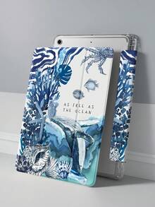 Cute Blue Crab, Whale And Shell Pattern Shock-Resistant Protective Case For 7th, 8th, 10th Generation (10.2 Inch), Built-In Pencil Slot, Sleep/Wake Function, Ideal For Holiday And New Year Gifts - Multicolor - View 3