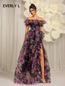 Everly L 方领荷叶边开衩大腿欧根纱正式礼服，优雅舞会晚宴婚礼宾客礼服，适合毕业典礼、晚宴、春假派对等场合 - 彩色 - 查看 5