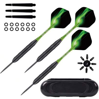 3 Pack Steel Tip Darts 23 Grams Professional Darts Metal Tip Set With Brass Barrels Aluminum Shafts Extra 3 PVC Dart Shafts 8 Flight Protectors 12 Rubber O-Rings Dart Storage Case (Green)