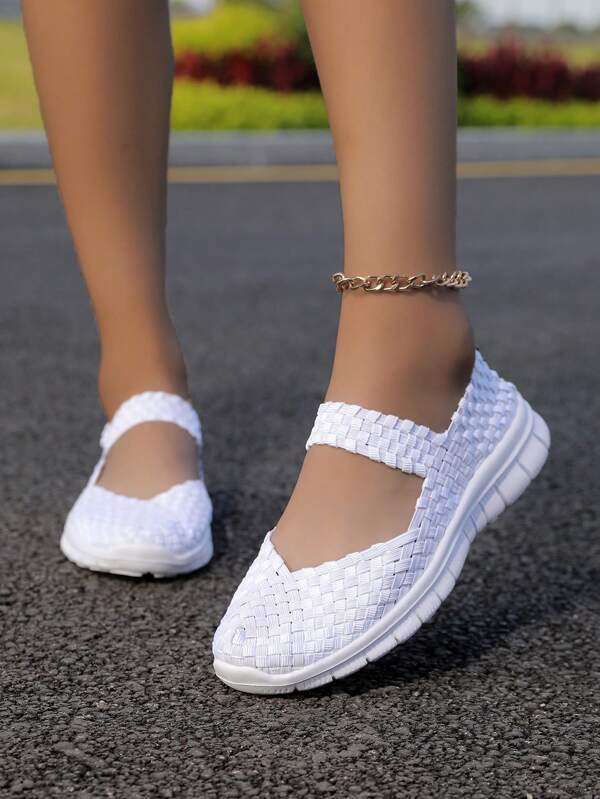 Rhombus Contrast Color Plaid Bohemian Casual Elegant Woven Criss-Cross Embroidery Sneakers, Suitable For Casual, Sports, Work, Indoor And Outdoor, All Seasons