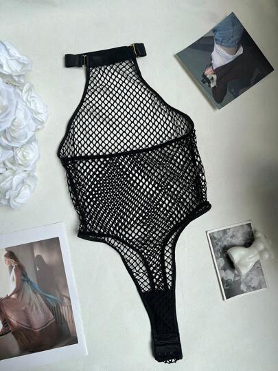 Body de red para mujer de una pieza con espalda abierta, lencería teddy (sin accesorios)