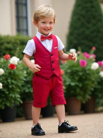 3pcs/Set Young Boys' Summer Casual Gentleman Set: Solid Color Vest + Shorts + Bow Tie