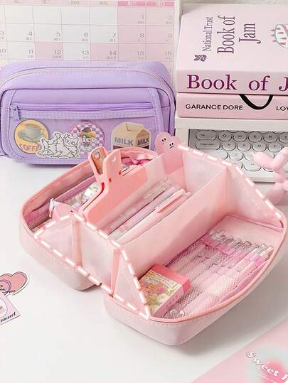 大容量透明铅笔盒 - 多功能牛津布文具收纳袋，带拉链，便携式化妆品整理袋，适用于办公和学习用品，可作铅笔盒、背包使用，返校季必备