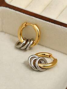 时尚新款链条流苏环形耳环不锈钢环形耳环女士朋克酷炫双色不锈钢粗款珠宝配饰 - 彩色 - 查看 9