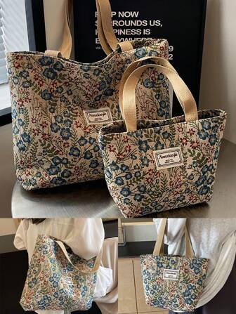 1ชิ้น กระเป๋าถือผ้าแคนวาสพิมพ์ลายดอกไม้ กระเป๋าสะพายไหล่ กระเป๋าสะพายข้างน้ำหนักเบา กระเป๋าถือเก็บของแบบพกพา กระเป๋าทำงาน กระเป๋าผ้าแคนวาสลายดอกไม้ กระเป๋าเครื่องสำอางผู้หญิง กระเป๋าโท้ทความจุขนาดใหญ่สำหรับนักเรียน กระเป๋าถือมัลติฟังก์ชั่น กระเป๋าสะพายไหล่ปักลายดอกไม้