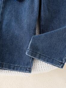 2 件套女婴时尚服装，蝴蝶结印花圆领长袖拼布运动衫套头衫和松紧腰直筒牛仔裤套装，秋季/春季 - 白色 - 查看 6