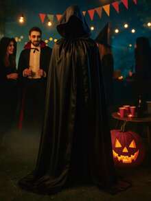 1pc Black Halloween Costume Cape, Black Satin Cape With Hood, Elegant Women's Vintage Hooded Cloak, Happy Halloween Party Decoration, Halloween Vampire Witch Costume, Trick Or Treat, Halloween Party Role Play, Vampire Witch Theme Party Supplies, Horror Theme Party Dress Up, Masquerade Surprise Costume Change, Dress Up For All, Halloween Photo Prop, Halloween Decoration, Halloween Gifts, Party Favor