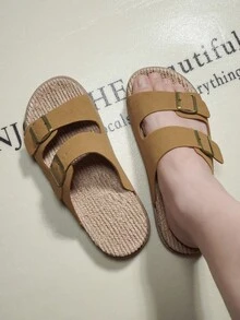 DISARCON 新款夏季男士凉鞋，高端/时尚/百搭/商务/大码男鞋，金属双扣设计，可调节经典复古拖鞋，适合户外休闲度假，防滑/透气/耐用/沙滩拖鞋，室内外浴室家居拖鞋，四季皆宜 - 棕色 - 查看 4