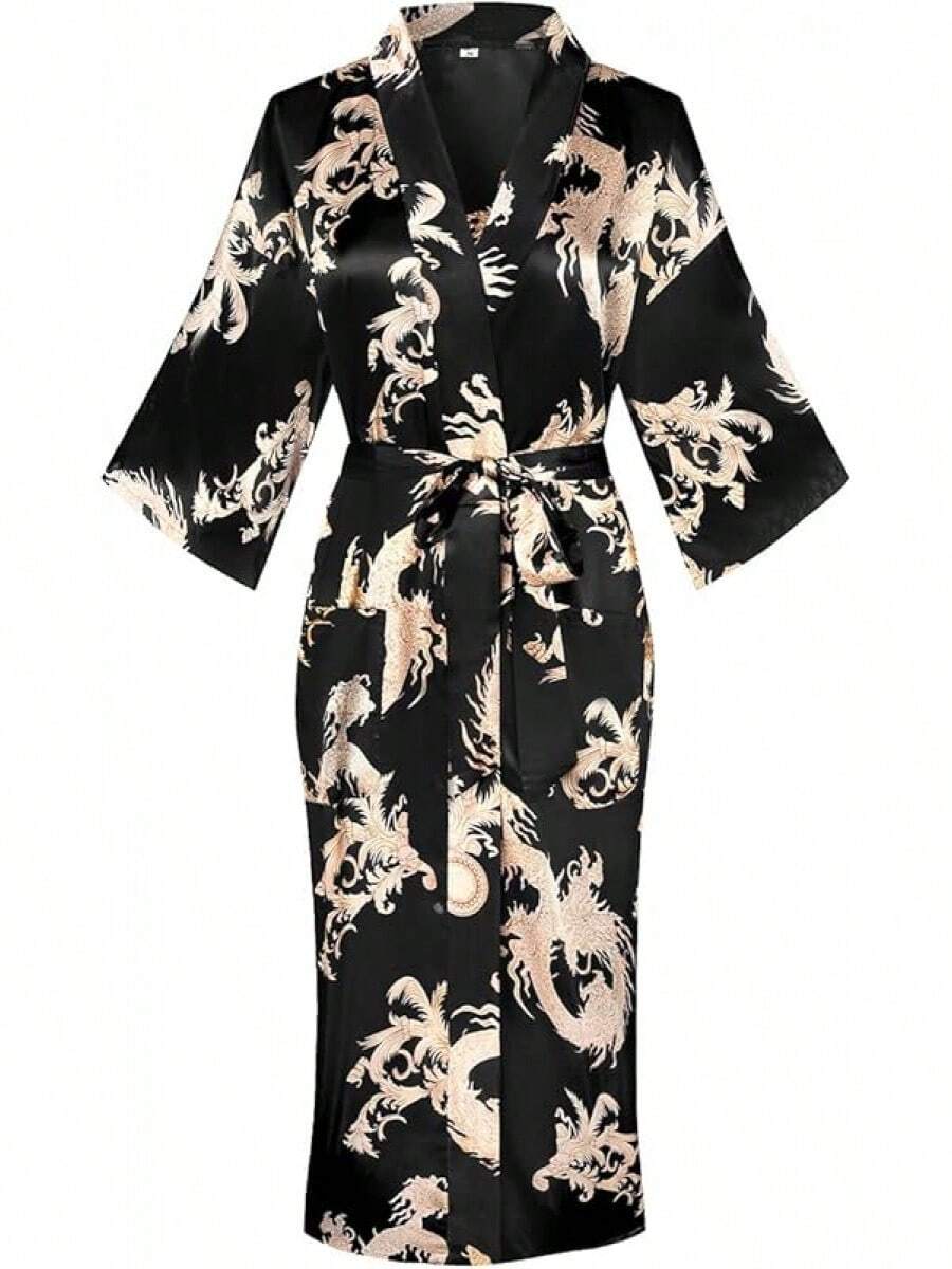 DandyChic Women's Long Floral Satin Robes Imitation Silk Sleepwear Bridal Dressing Gown For Bridesmaid Nightgownhalloween - 黑色/羽毛 - 查看 1